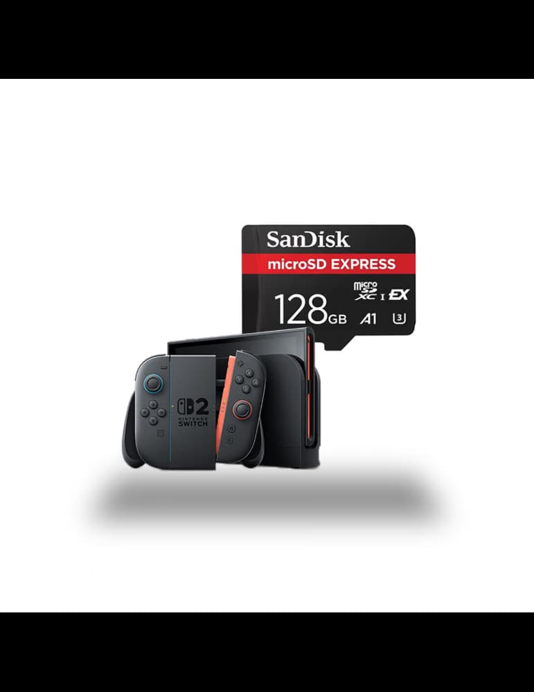 Pack Nintendo Switch 2 avec carte mémoire SanDisck 128 Go, accents bleu et rouge